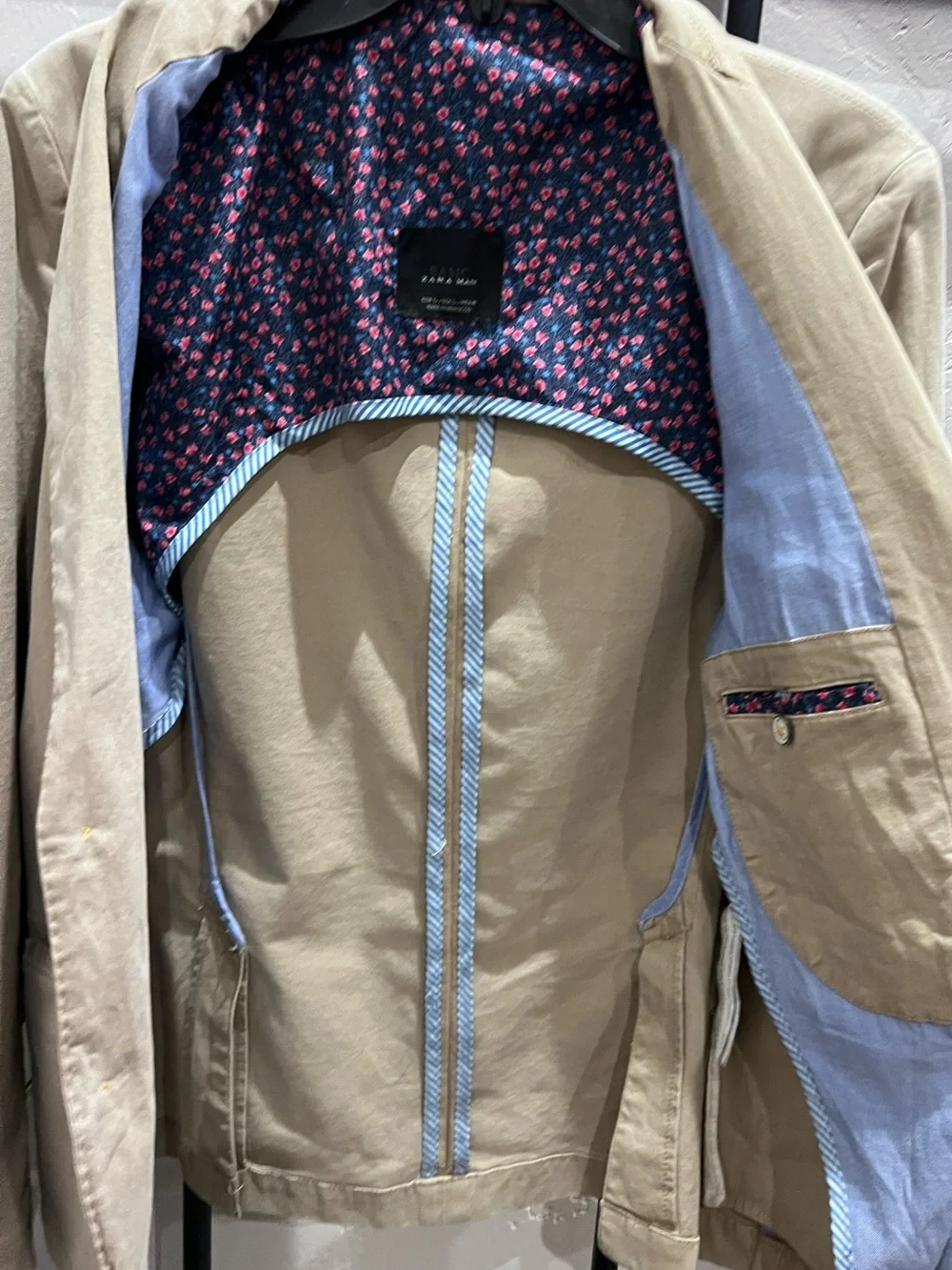 Zara Man Blazer Cotton Denim Tan Khaki Size Large